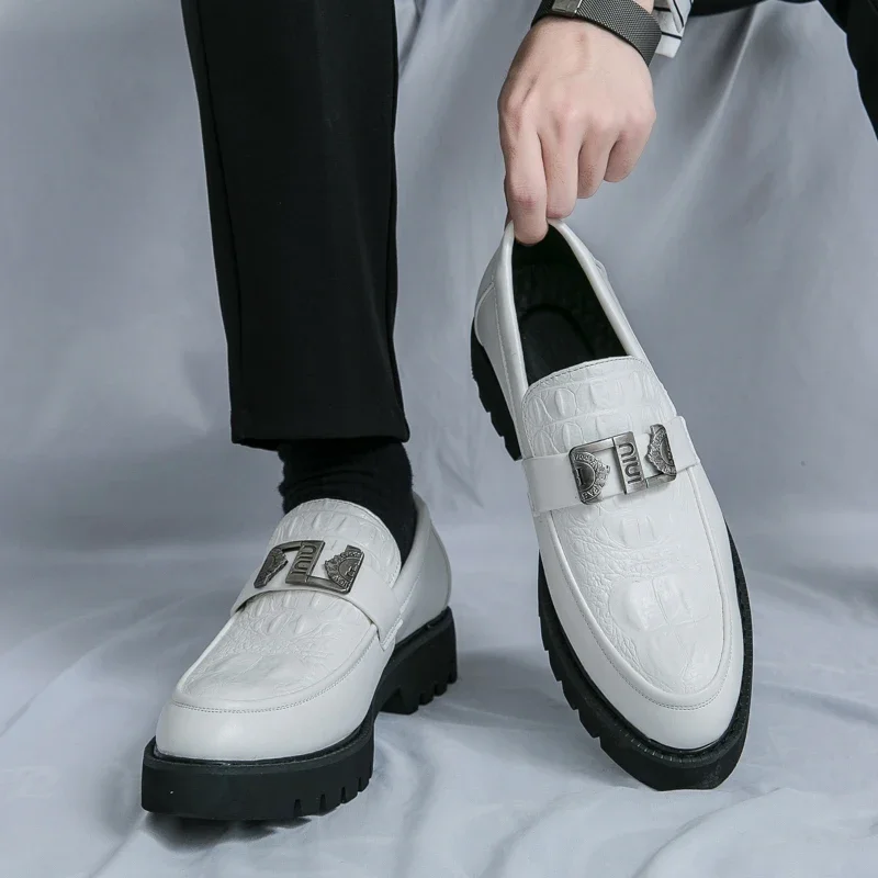 

White Loafers Mens Party Boots Business Loafers Thick Soled Dress Platform Shoes Comfortable Slip-On Fashion New Casual
