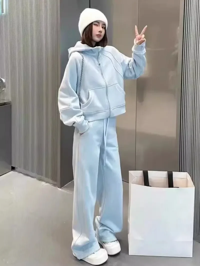 2024 Autumn and Winter New Hooded Fleece Sweater Wide-leg Pants Popular Fashion Sports and Leisure Two-piece Suit For Women