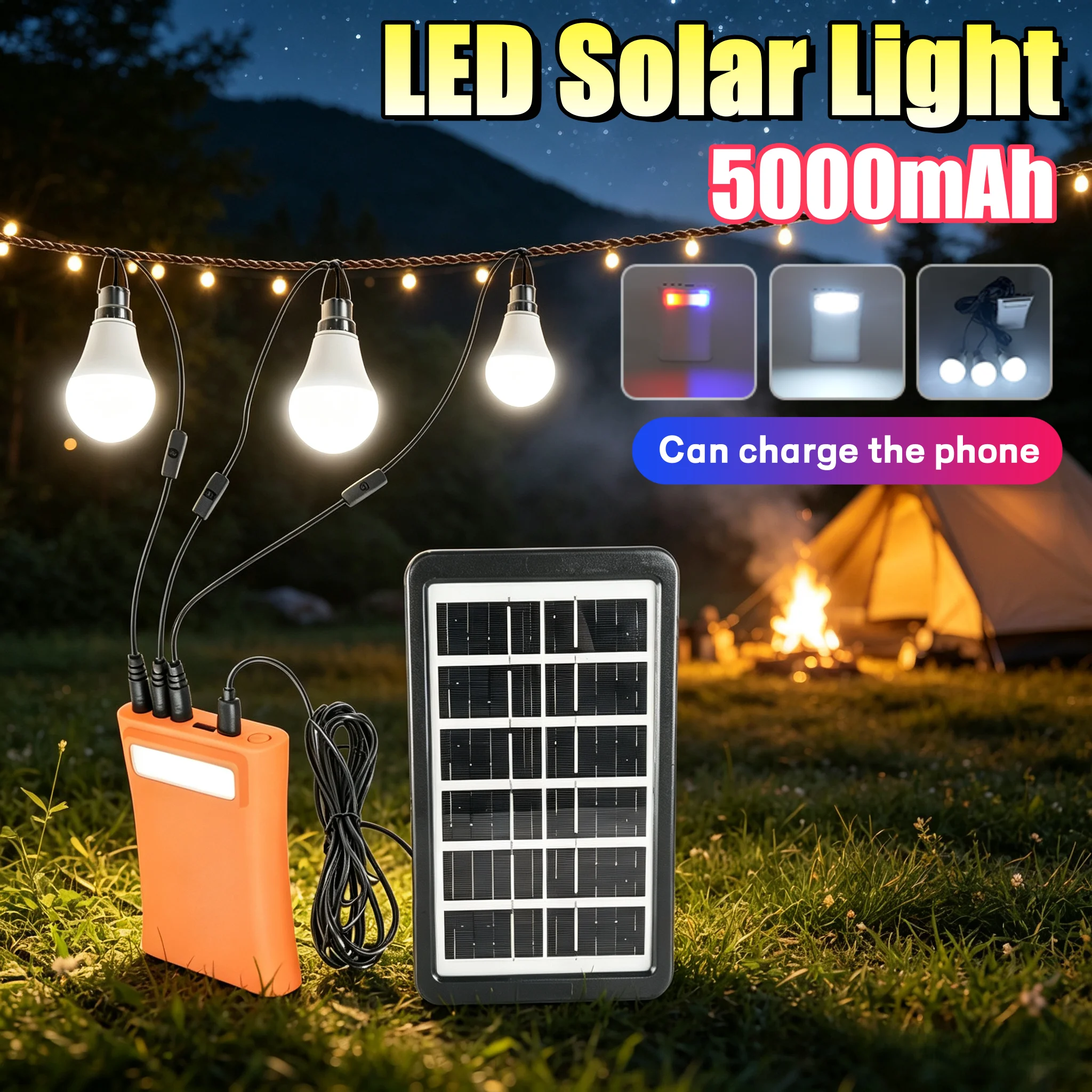 2500/5000mAh LED Solar Bulb Light 3 Heads Solar Light Outdoor Portable Solar Lamp Hanging Camping Energy Saving Bulb Garden Tent