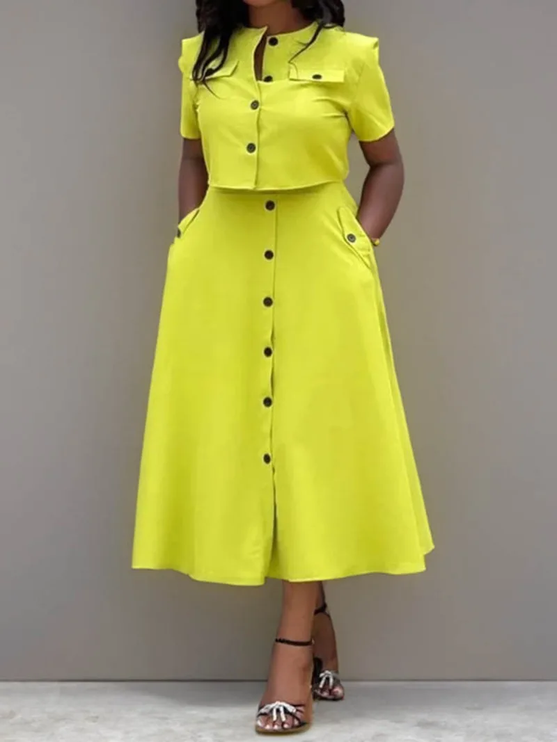 

Tinaa Женские желтые комплекты из 2 предметов 2026 Весна Лето Топ с круглым вырезом и короткими рукавами Эластичные юбки с карманами на талии 179054