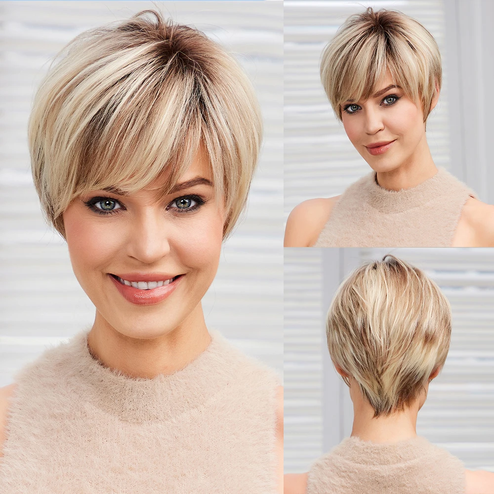 100% Remy Human Hair Mixed Blonde Ash Brown Lace Front Wigs Pixie Cut Hairs with Bang Short Straight Wig for Women Bob Human Wig