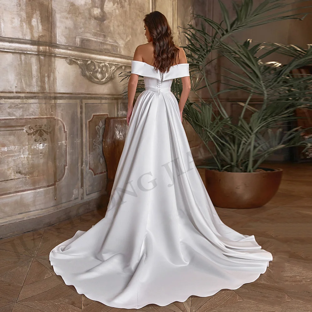 Modern Satin Wedding Dress Vestidos De Novia Boat Neck Puff Sleeves Simple Bridal Gown Sweep Train Robe  Mariee for Bride