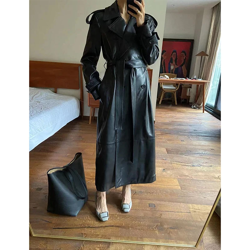 Women Leather Jacket Autumn Winter Black/Red Coffee Sheepskin Lapel Double Breasted  Belt Slim Show Tall Long Trench Coat Dress