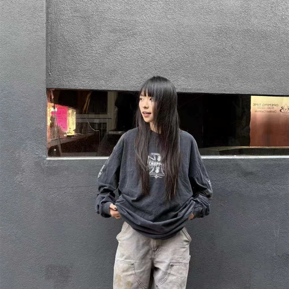 Yao Fashion Luxuy Vintage Loose Baggy High Street Sport Autumn High Qualit Cotton Long Sleeve T Shirt