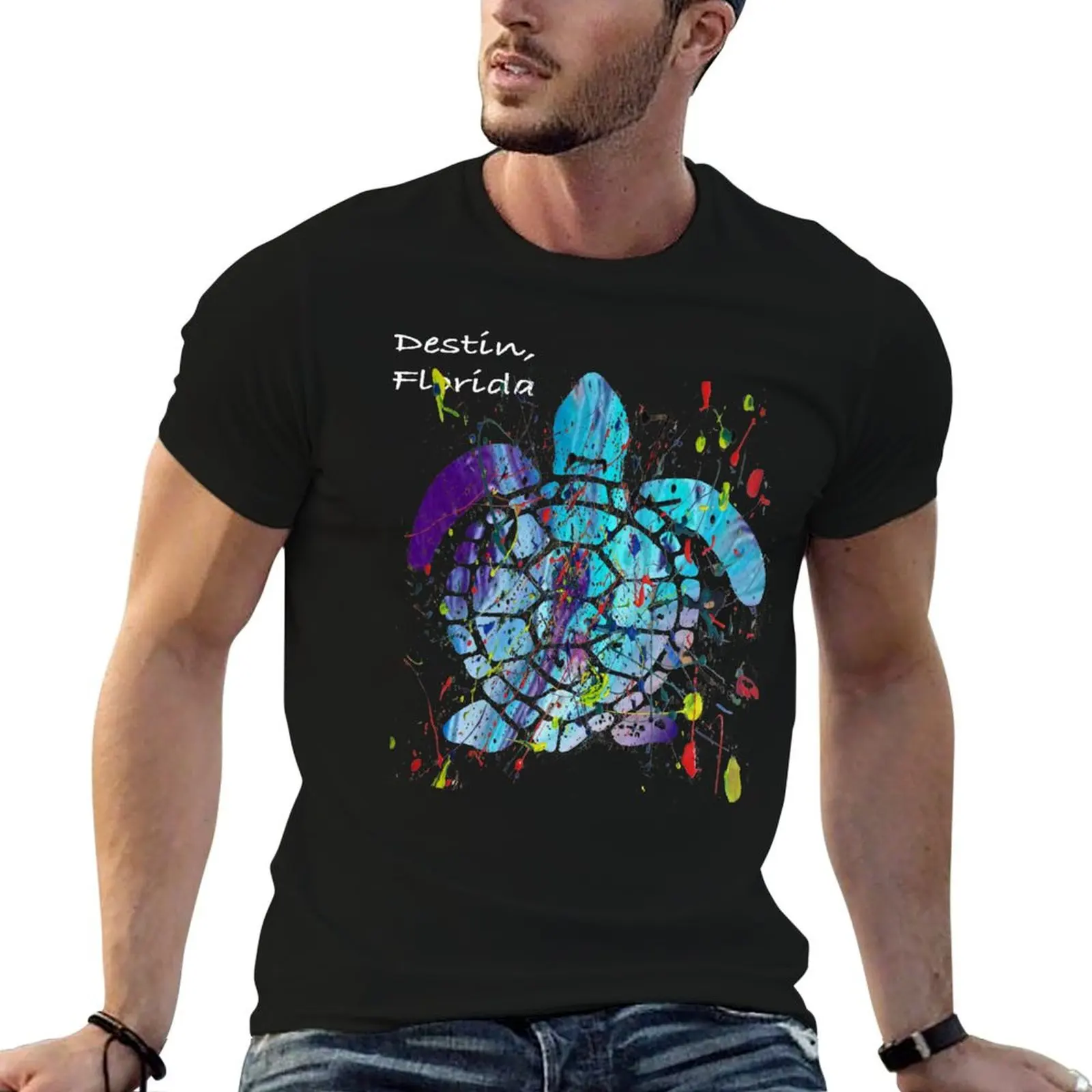 Camiseta con diseño de playa Destin Beach, Florida Abstract Sea Turtle, camiseta para hombre, camisetas de algodón de alta calidad con estampado
