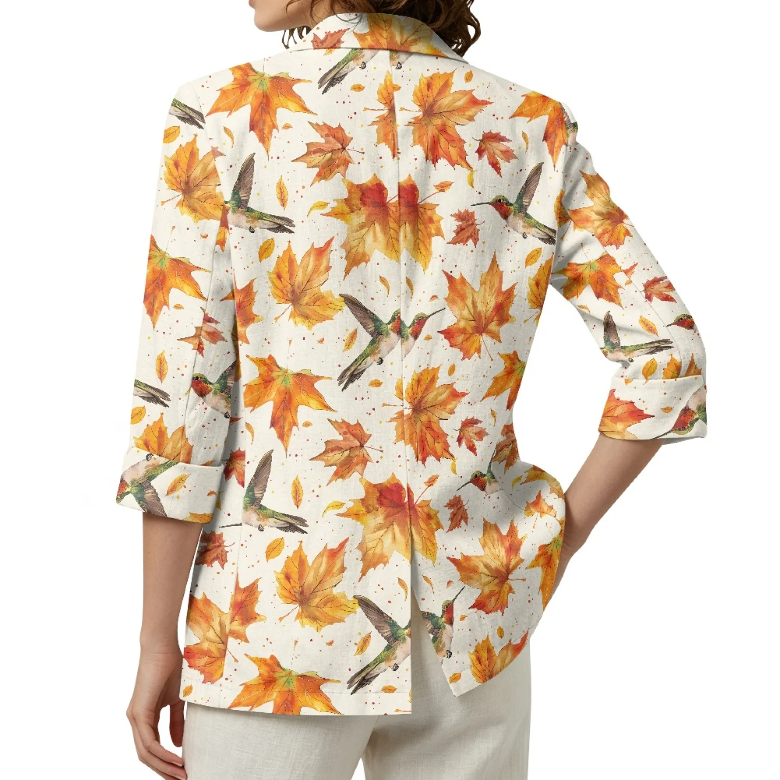 PENSTROLL Bird Maple leaf Open Front Beach Coverups for Women Linen Like Fall Outerwear Open Front Cardigan