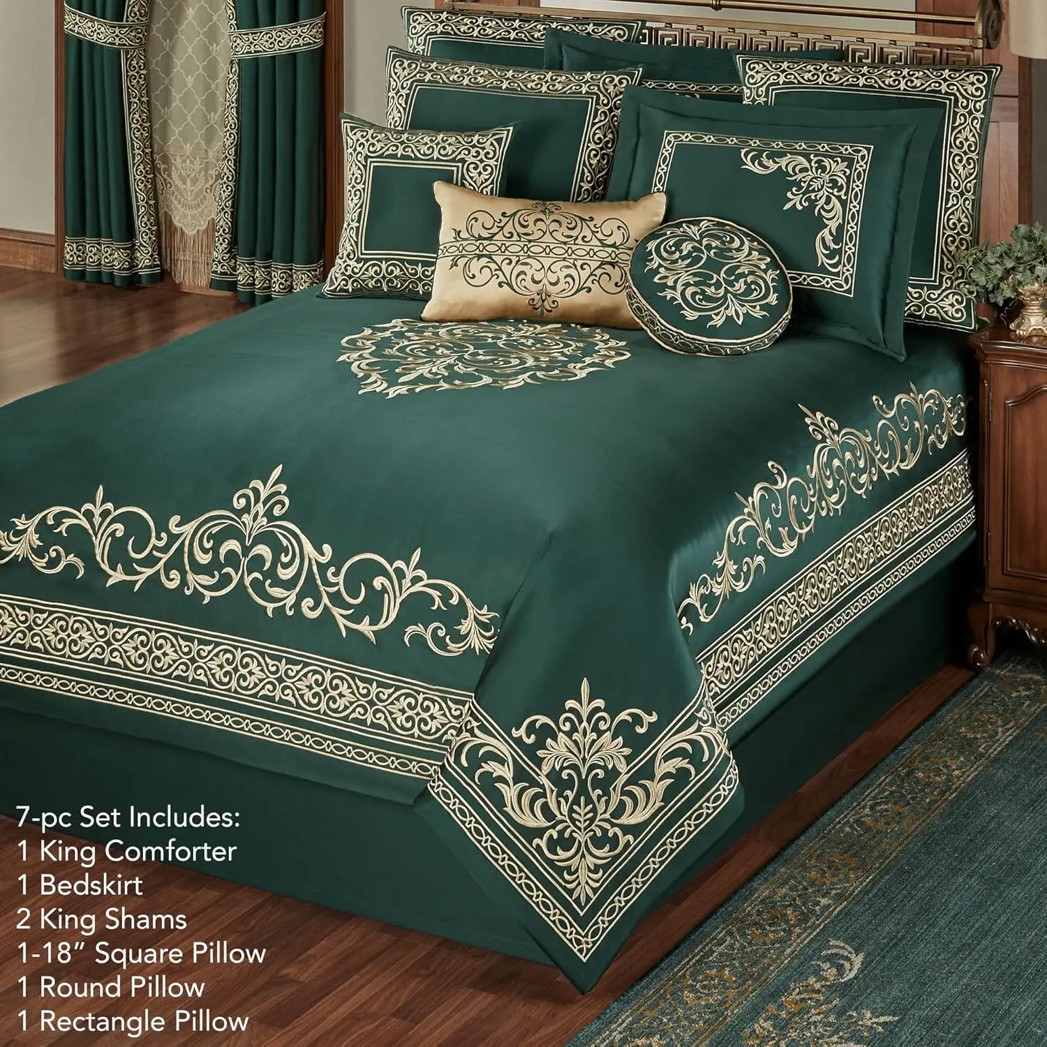 Touch Of Class Balmoral Luxury Bedding | Emerald Green | Palace-Inspired Golden Scrollwork Embroidery On Sateen 7 Piece Set