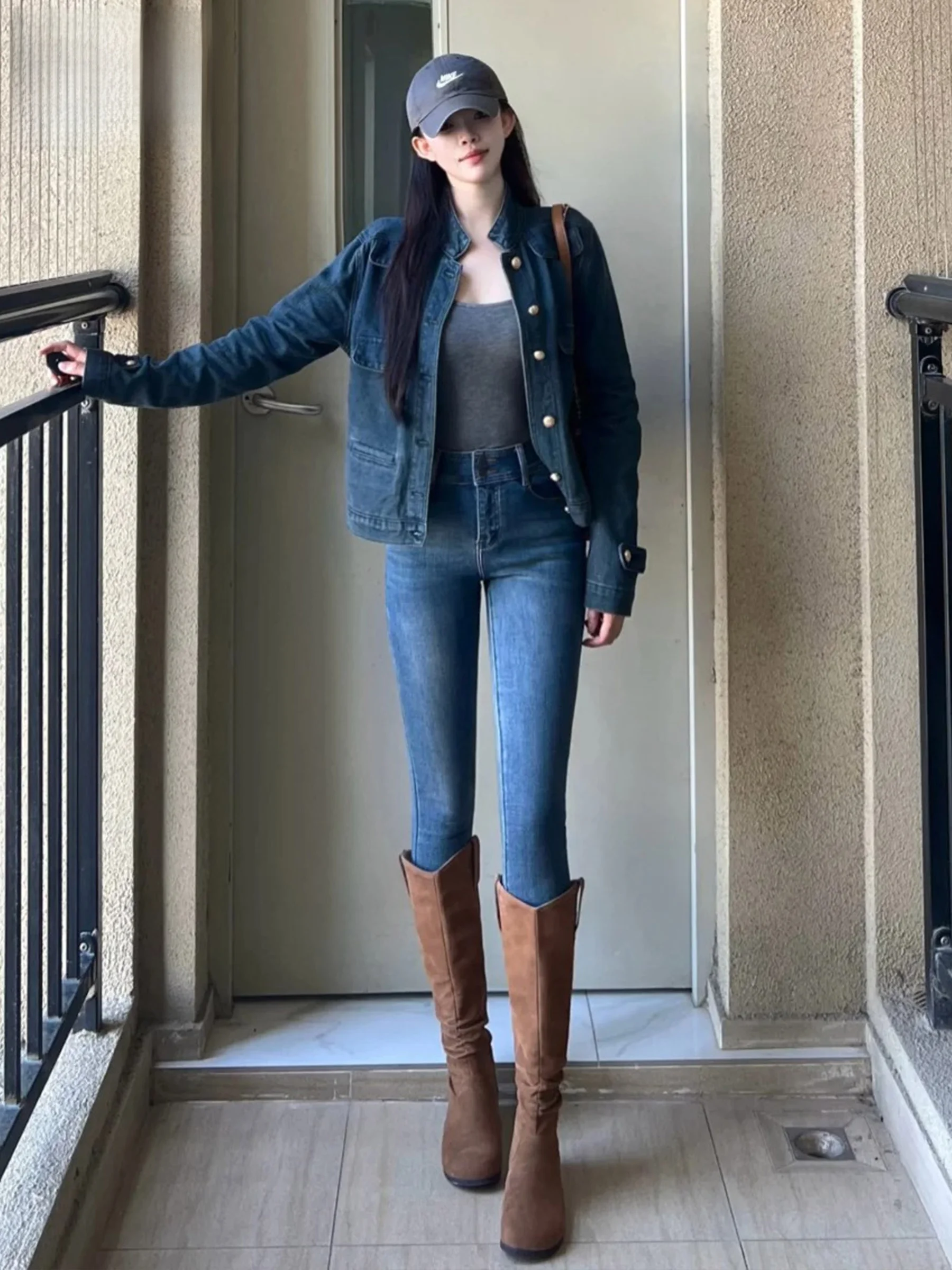 Retro High Waist Slim Fit Denim Jeans Women's Elastic Sexy Girl Tight Elastic Double Buckle Pencil Pants Autumn Winter New Style