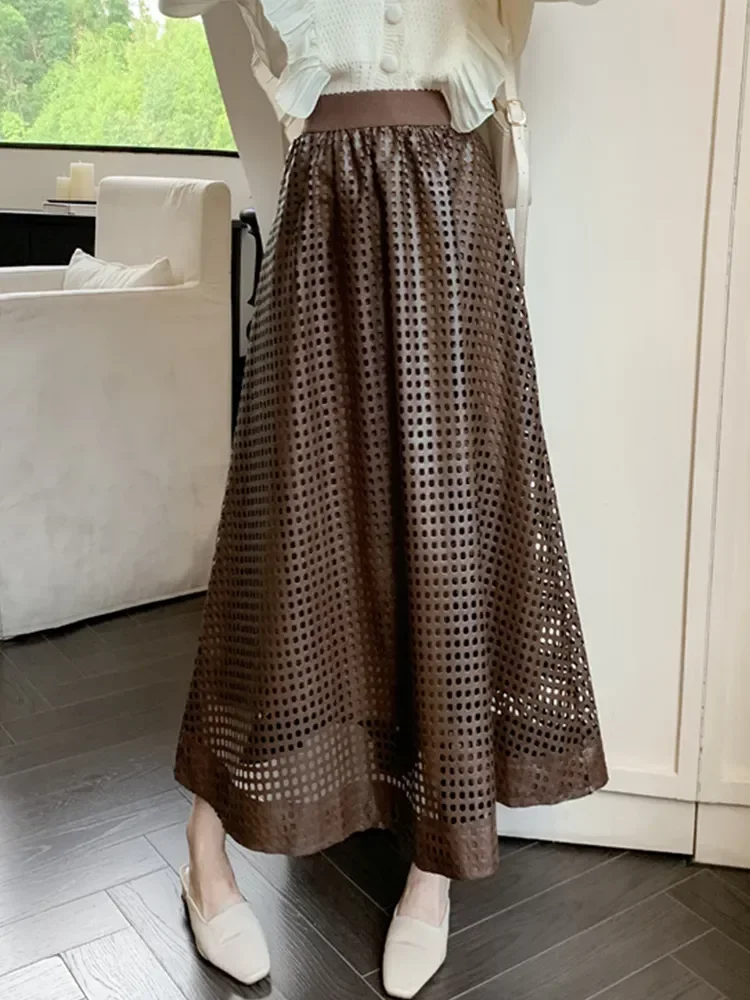 Kunstleer rok voor dames 2025, herfst winter, modieus, elegant, uitgehold, een lijn, hoge taille, lange PU-rok, vrouwelijk