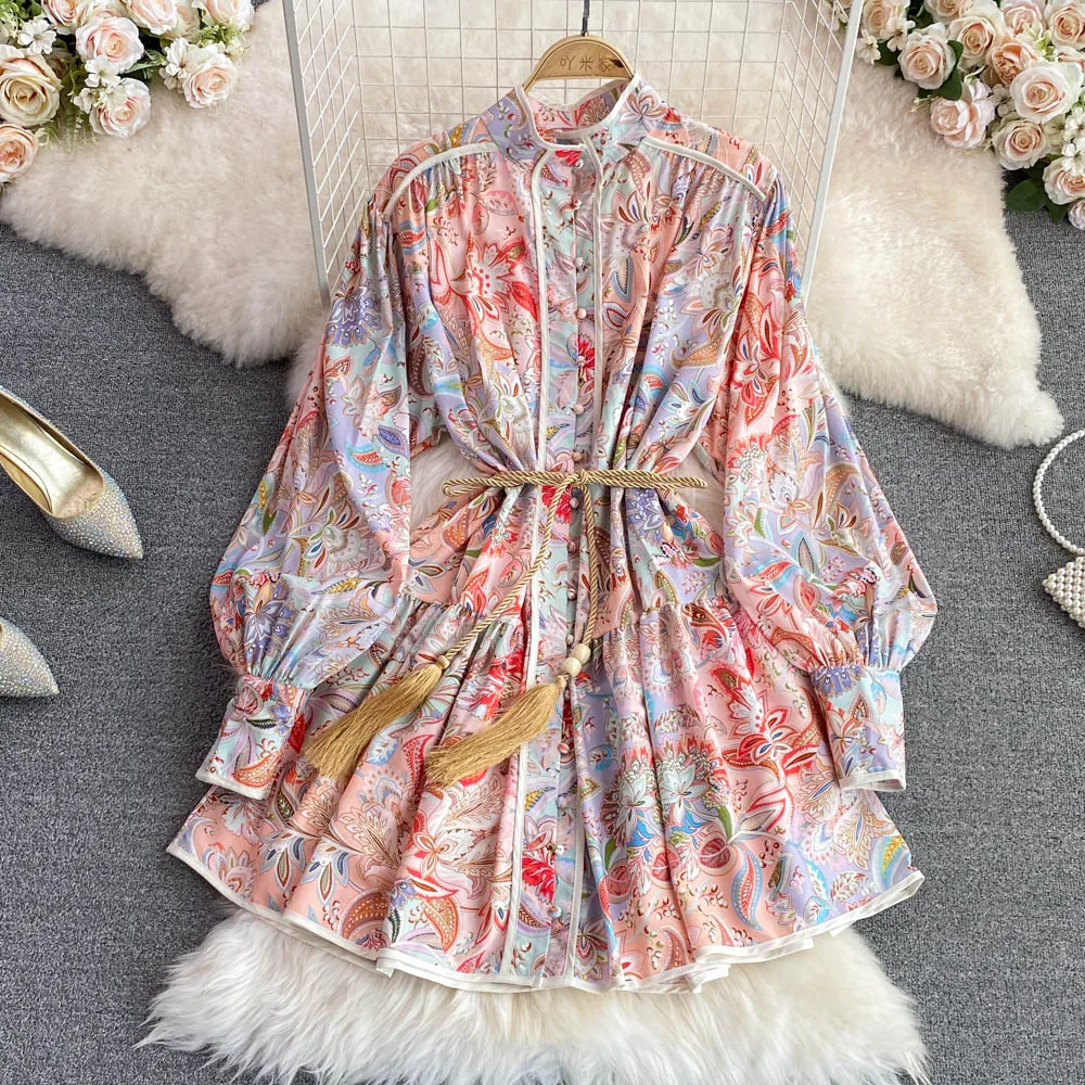 Spring and Summer New Vintage Stand Collar Single-Breasted Printed A- line Large Hem Beach Dress Dresses for Women