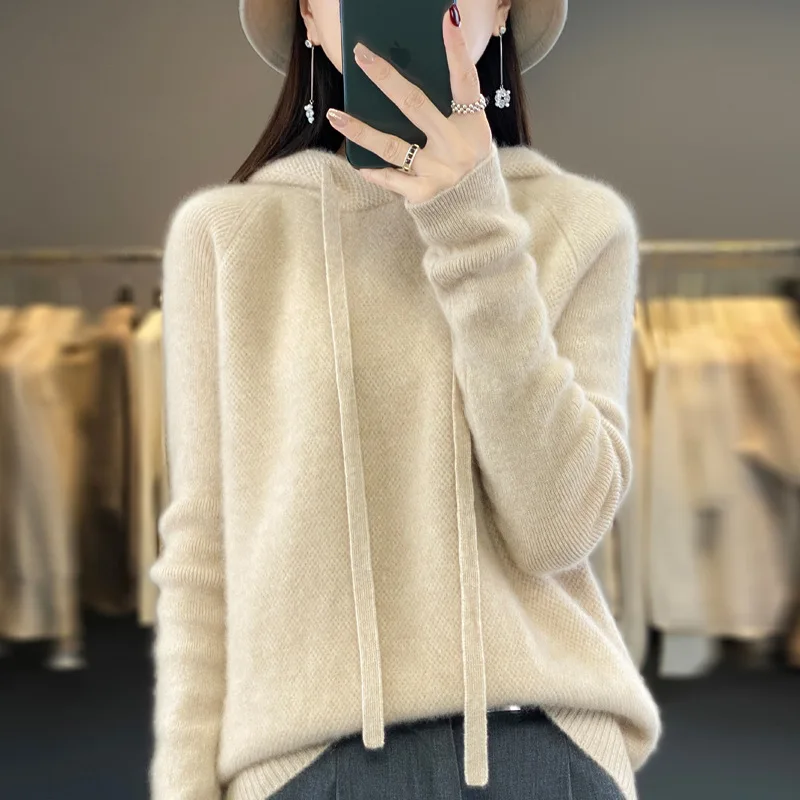 Wholesale 2024 autumn and winter new seven-needle thickened 100% Australian wool knitted hoodie pullover tops for women