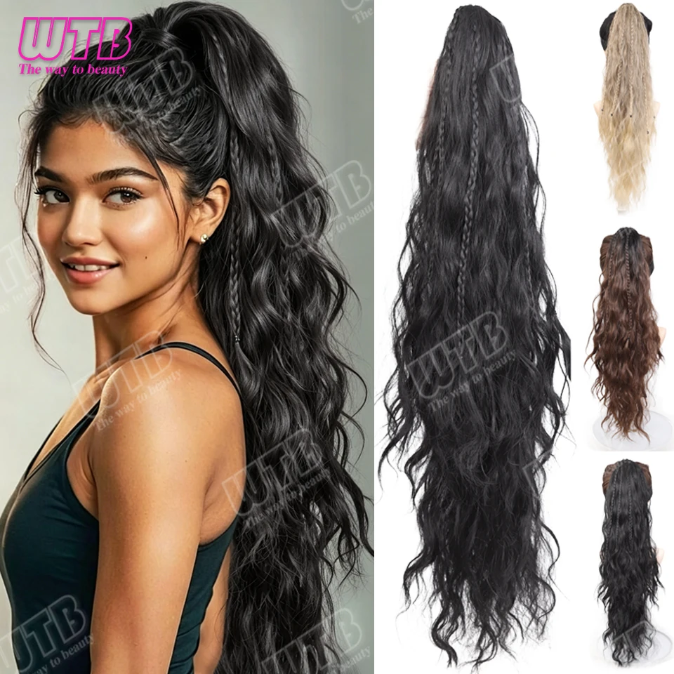Curly Ponytail Synthetic Wig Clip Style Long Curly Ponytail Wig with Small Braids Suitable for Women's Daily Wear and Holidays