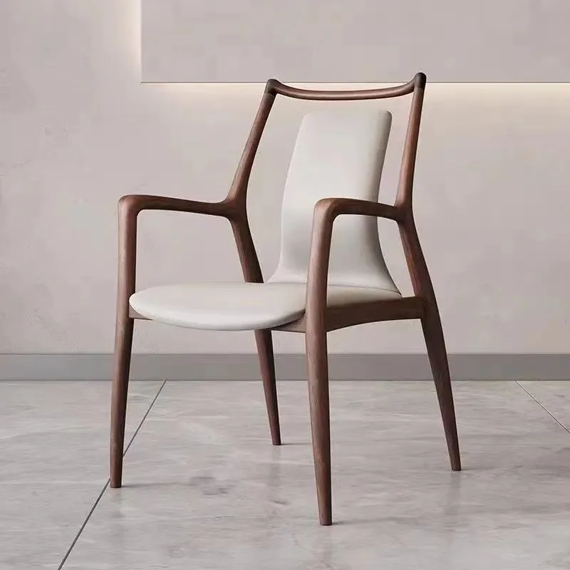 Grey Solid Wood Dining Chair with Leather Fabric Seat and Armrests for Hotel Home Restaurant Modern Comfortable Furniture