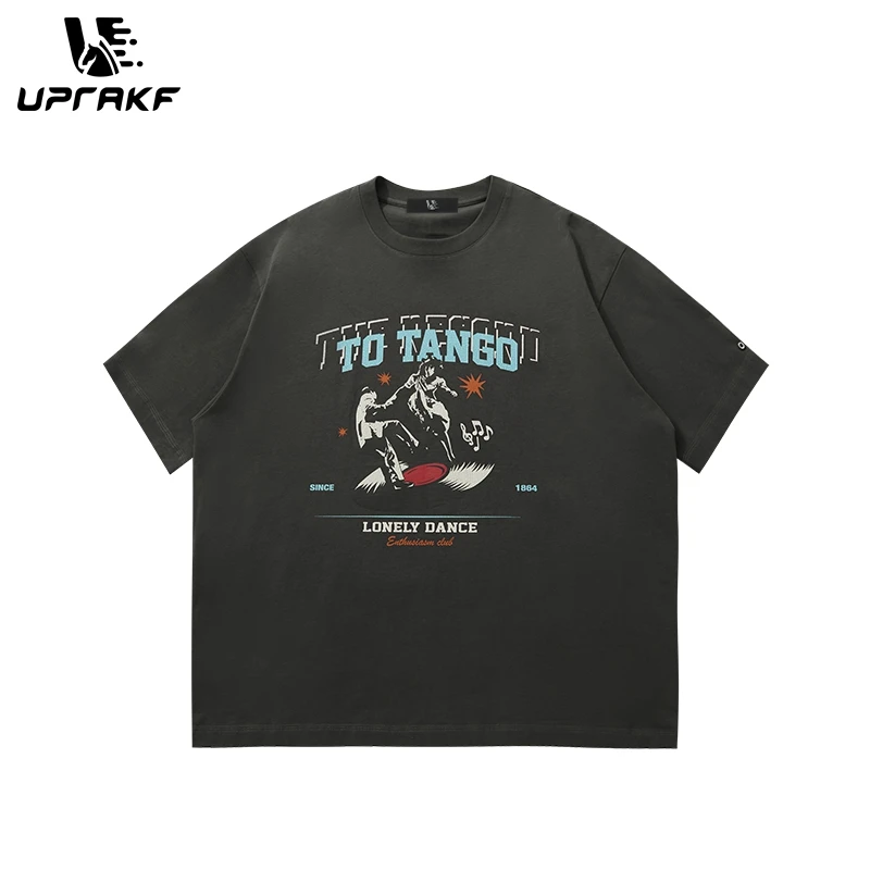 UPRAKF Y2K Vintage T Shirt To Tango Lonely Dance Letter Character Graphic Print Cotton Unisex Loose Short Sleeve Tees for Summer