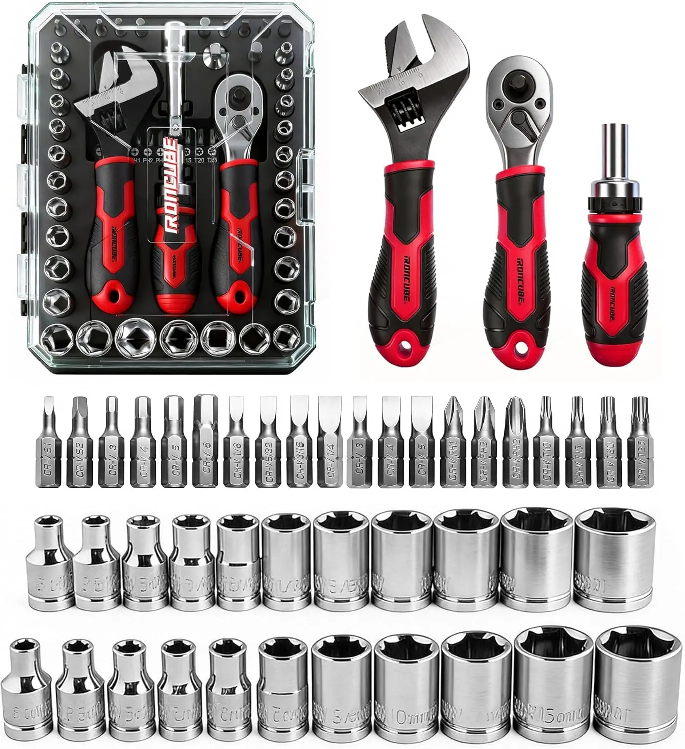 

53-Piece Socket Ratchet Wrench Set, 20-In-1 Screwdriver & 2-in-1 Adjustable Wrench, Chrome Vanadium Steel, for Garage, Auto