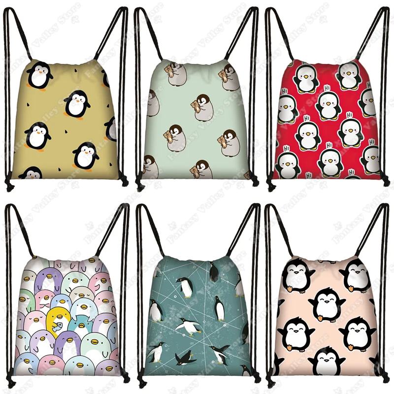 Cute Penguin Print Drawstring Bag Kawaii Shoulder Bags for Travel Shoes Holder Large Capacity Storage Bag Teenager School Bags