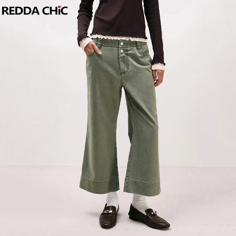REDDACHiC Trendy Wide Leg Cropped Jeans for Women Vintage Double Buttons High Waist Bootcut Pants Bell Bottoms Y2k Everyday Wear