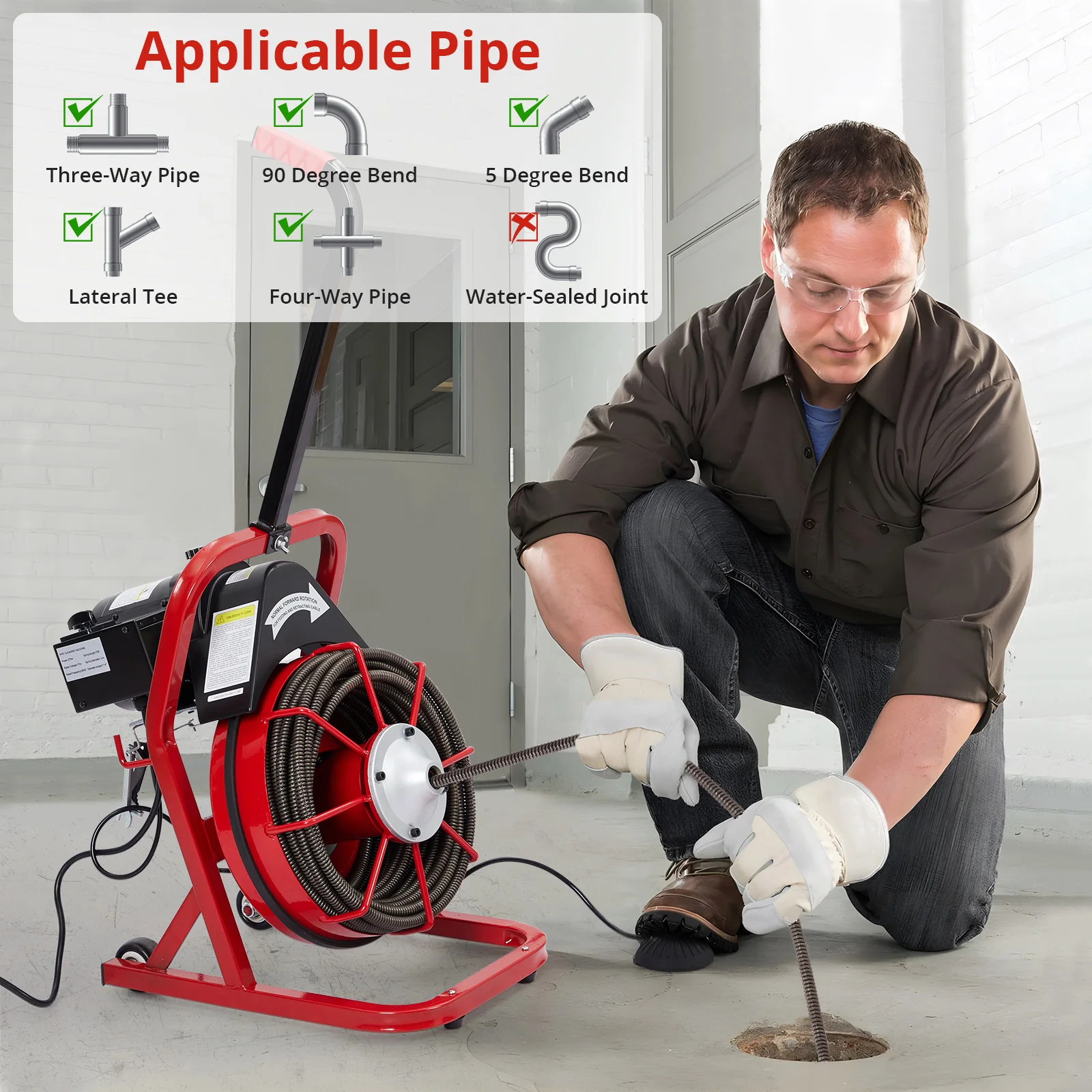 

Электрический дренажный очиститель, канализационный змеиный шнек с автоматической подачей и воздушным ножным переключателем для труб диагональю от 2 до 4 дюймов, с аксессуарами