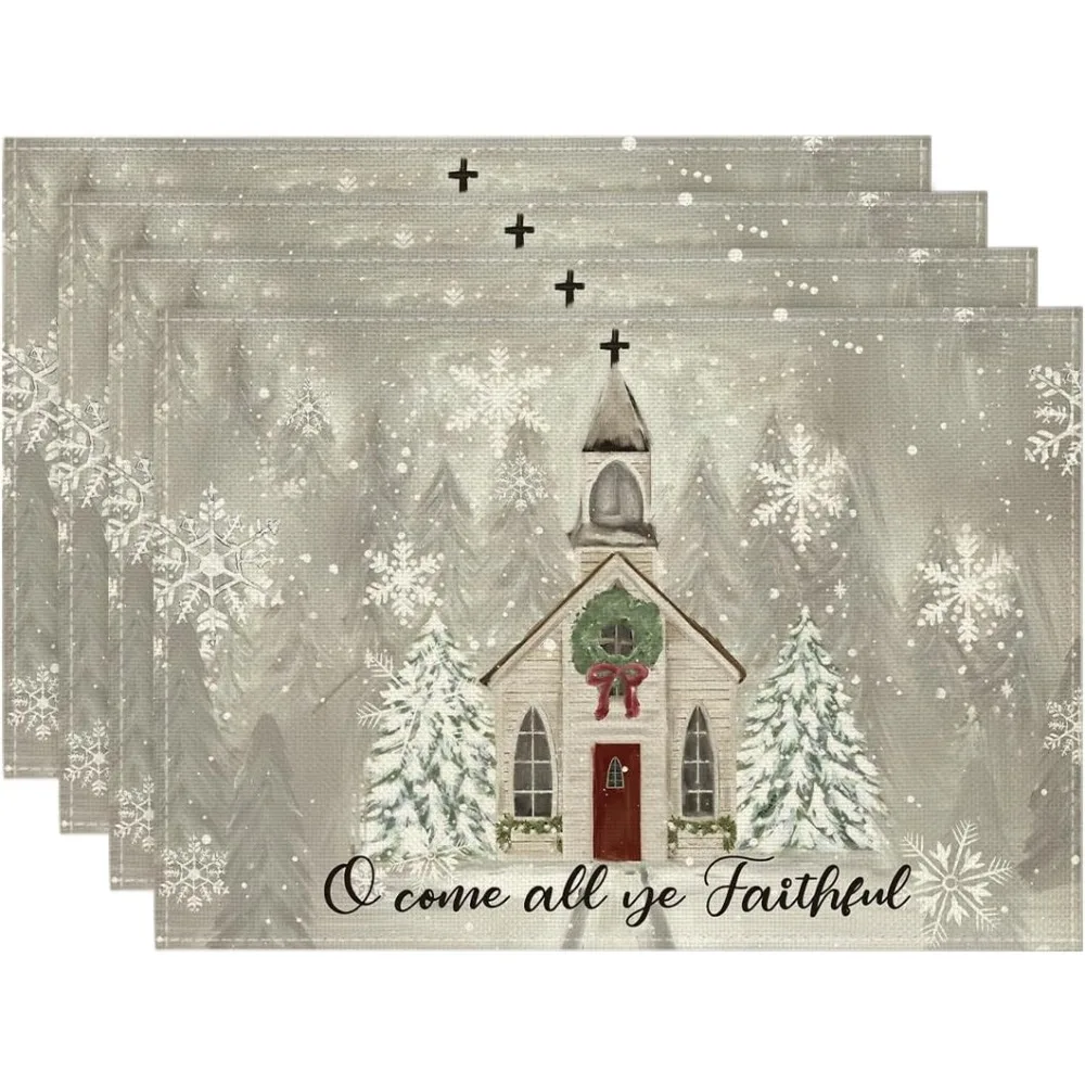 

Церковные рождественские елки, снежинки, набор салфеток с Рождеством, 4 шт., зимние коврики для стола 12x18 дюймов для вечеринки, кухни