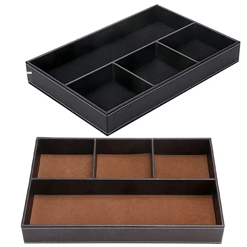 2x 4スロットデスク引き出しオーガナイザー、PUレザー引き出し収納オーガナイザーディバイダー (ブラウン & ブラック)