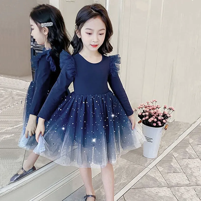 2024 Spring and Autumn New Style Girls Dress Middle Children Korean Fashion Glittering Romantic Star Lace Skirt