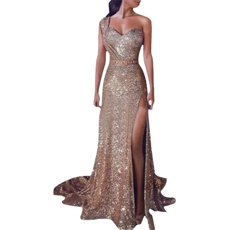 2024 European and American neck dress Amazon popular banquet temperament sexy one shoulder bronzing long evening dress women