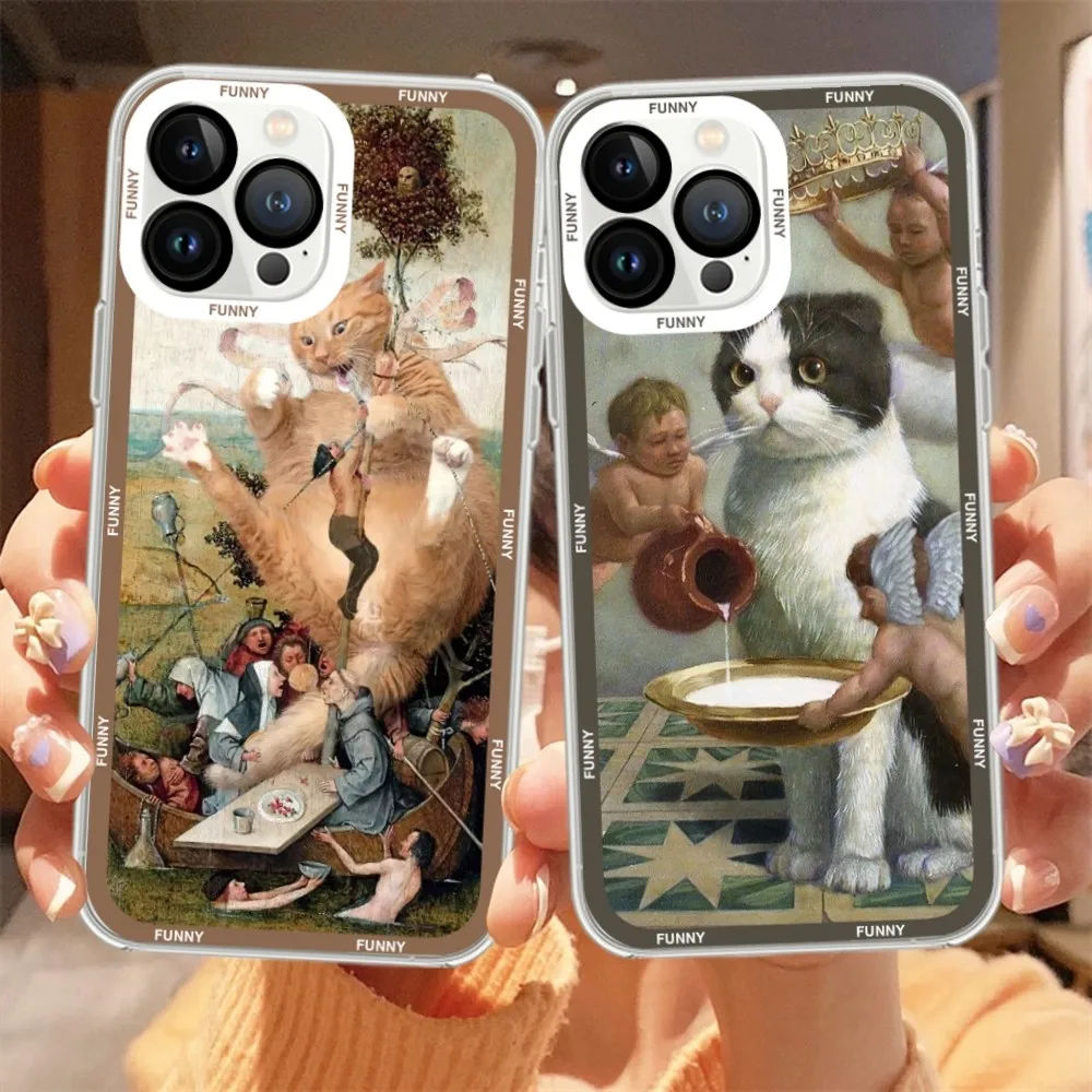 World masterpiece and cat Phone Case For iPhone 11 12 Mini 13 14 15 Pro Max Transparent Shell