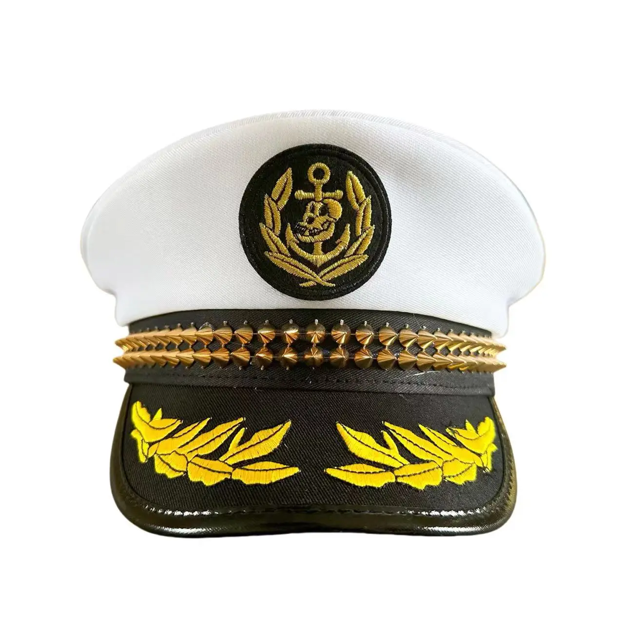 HongLuan Women men Black White Classic Style Navy Party Hat Anchor Logo Gold Stud Military Cap Decoration Parties Halloween