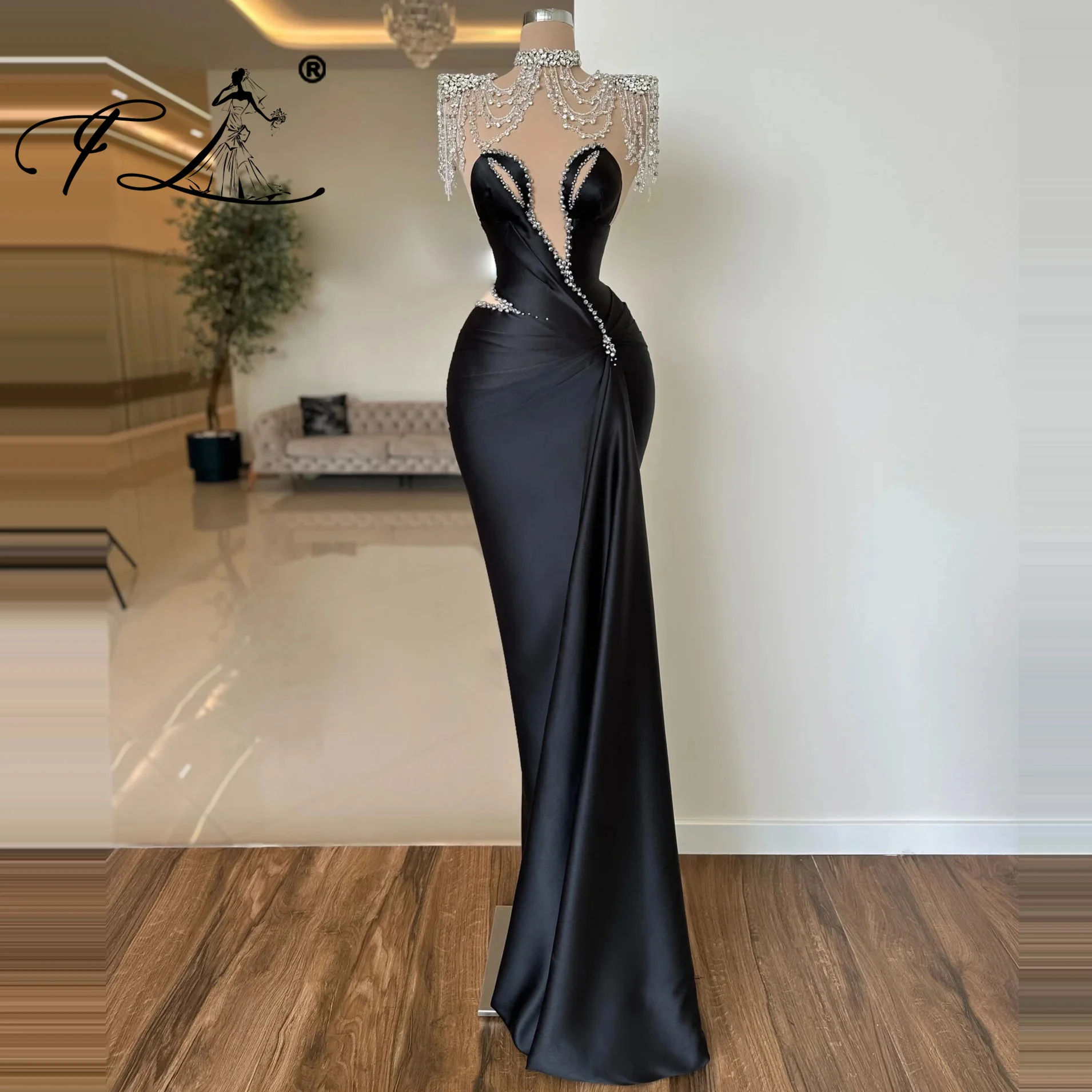 Customized High Neck with Beaded Rhinestone Black Bodycon Evening Dresses Women Luxury فساتين سهرة Dresses for Special Occasions