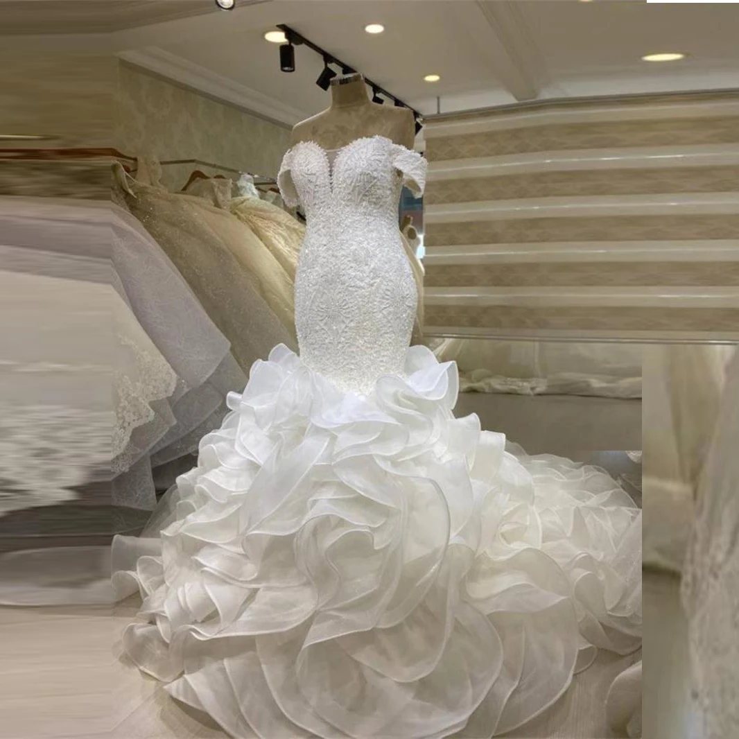 

Modern Off the Shoulder Lace Appliques Mermaid Wedding Dress Plus Size Vestidos De Noiva Cascading Ruffles Bridal Gown