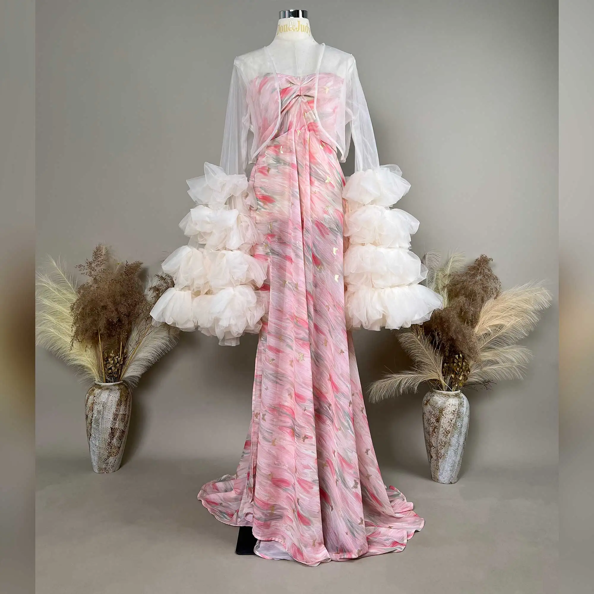 

Don&Judy Off Shoulder Strapless A-Line Evening Gown with Tie-Dye Print Tulle Ruffle Overlay Cardigan Long Sleeve Formal Dress