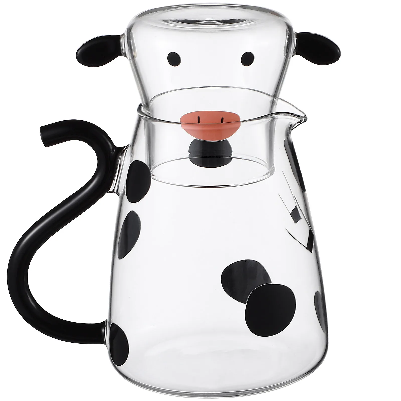 Glas-Wasserkrug mit passendem Becher in Kuhform, hitzebeständig, mikrowellengeeignet, Küchenspender für Kaffee, Tee, Milch