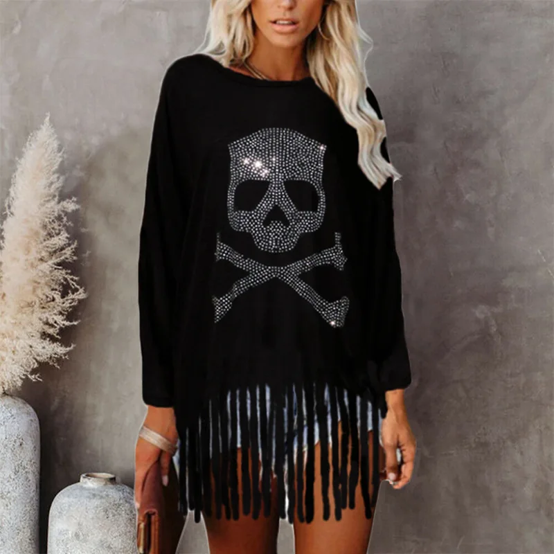 Women's Halloween Clothes Diamond Skull Casual Pullovers New Autumn Woman Bat Long Sleeve T-shirt Women Tassels Fashion Top