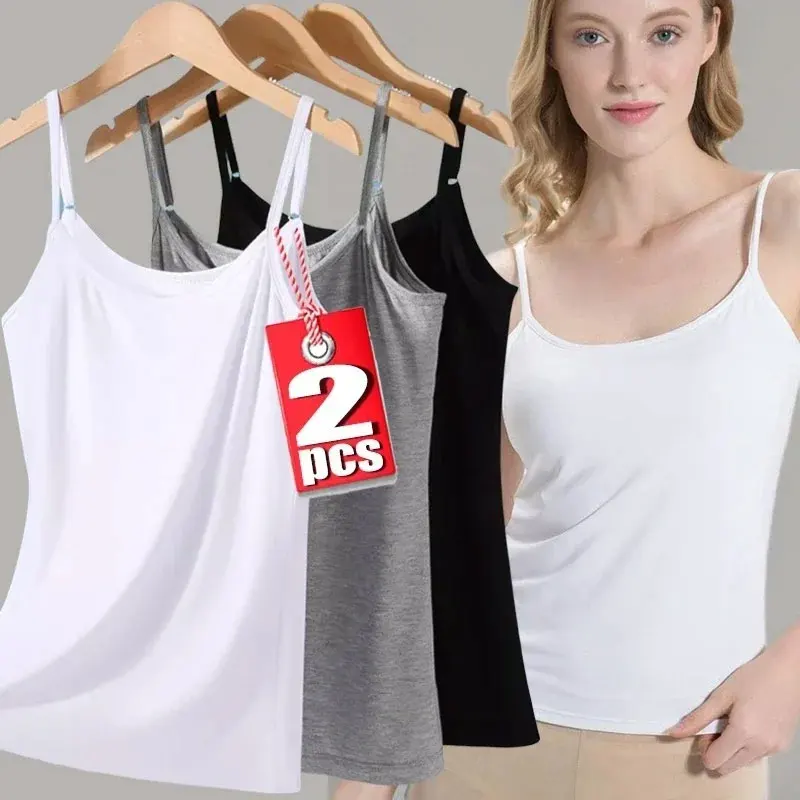 Women's Solid Color Spaghetti Straps Sleeveless Slim Camisole with Chest Pad Cotton Summer Wear Outside Female Short Tops Vests