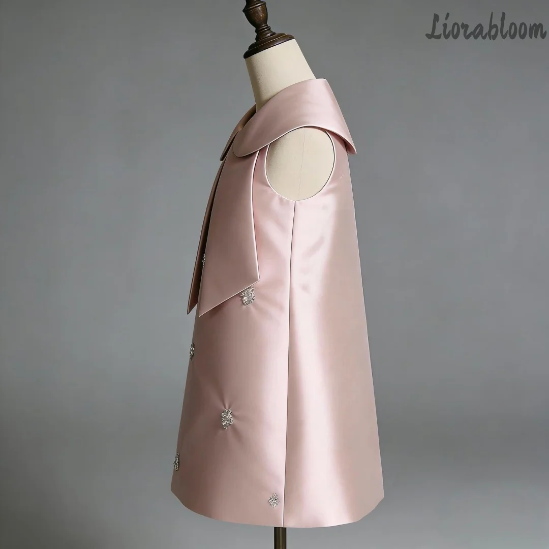 Abito da damigella d'onore su misura per bambina, rosa, modello A-line, decorato con perle, a strati, per feste ed eventi serali