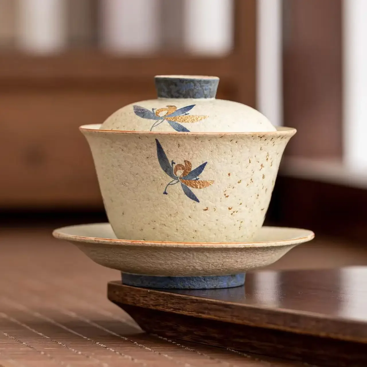 100ML Blue and White Flint Red Sancai Cover Bowl Butterfly Orchid Tea Bowl Retro High-end TeaCup Ceramic Kung Fu Tea Set Teacup