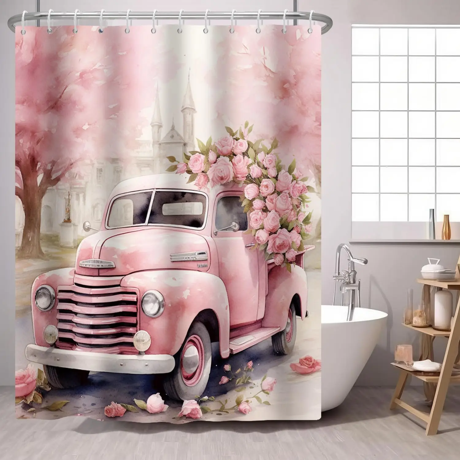 

Pink Truck Rose Shower Curtain Car with Pink Flower Floral Fabric Shower Curtains Fashion Woman Girl Shower Curtin Bathroom