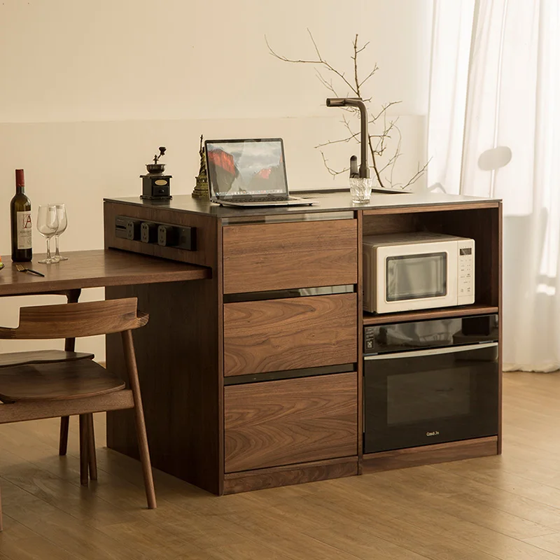 

Nordic black walnut log pullable island table retractable integrated custom with embedded sink microwave oven