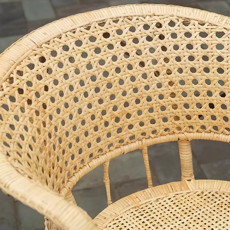 Outdoor Handmade Natural Rattan Chair with Vintage Backrest Breathable Cushion,Garden Patio Furniture for Balcony Lounge Comfort