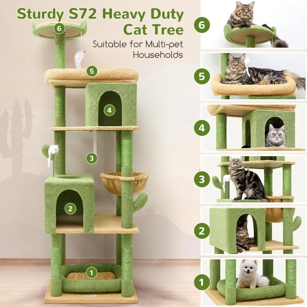 Heavy duty large feline cactus cat tree, 72 inches large, used for the largest adult feline, with 6 claws