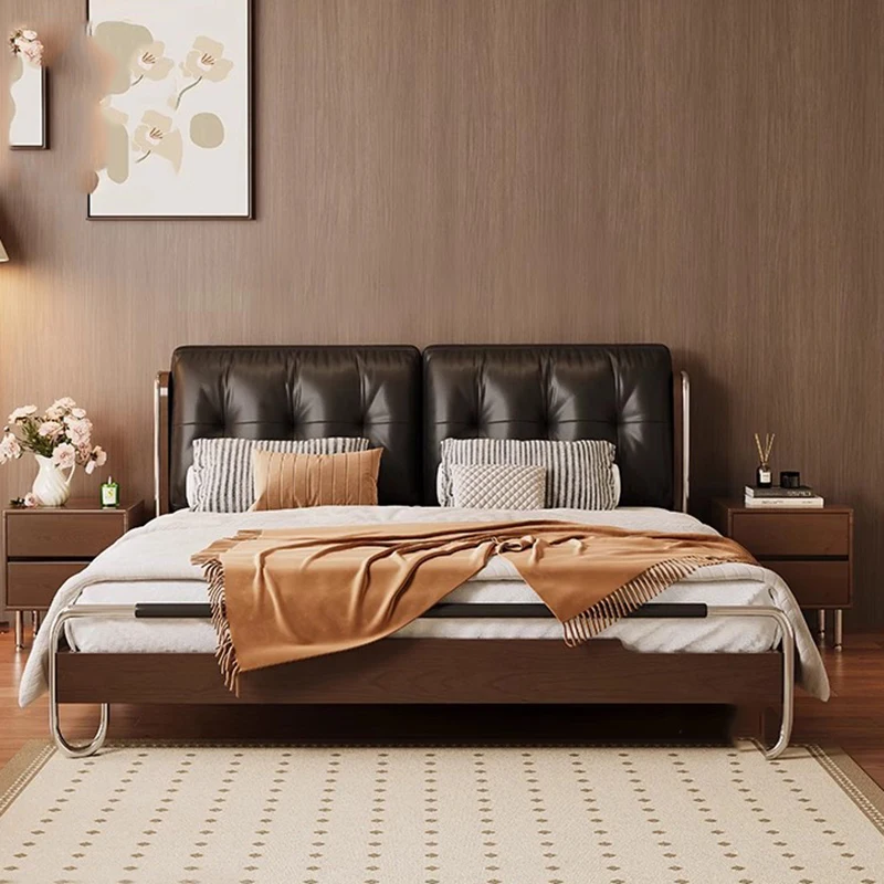 Brown Heavy Simple Double Bed Cute Design Rustic Modern Storage Double Bed Frame Luxury Cheap Cama Twin Bedroom Furniture Set
