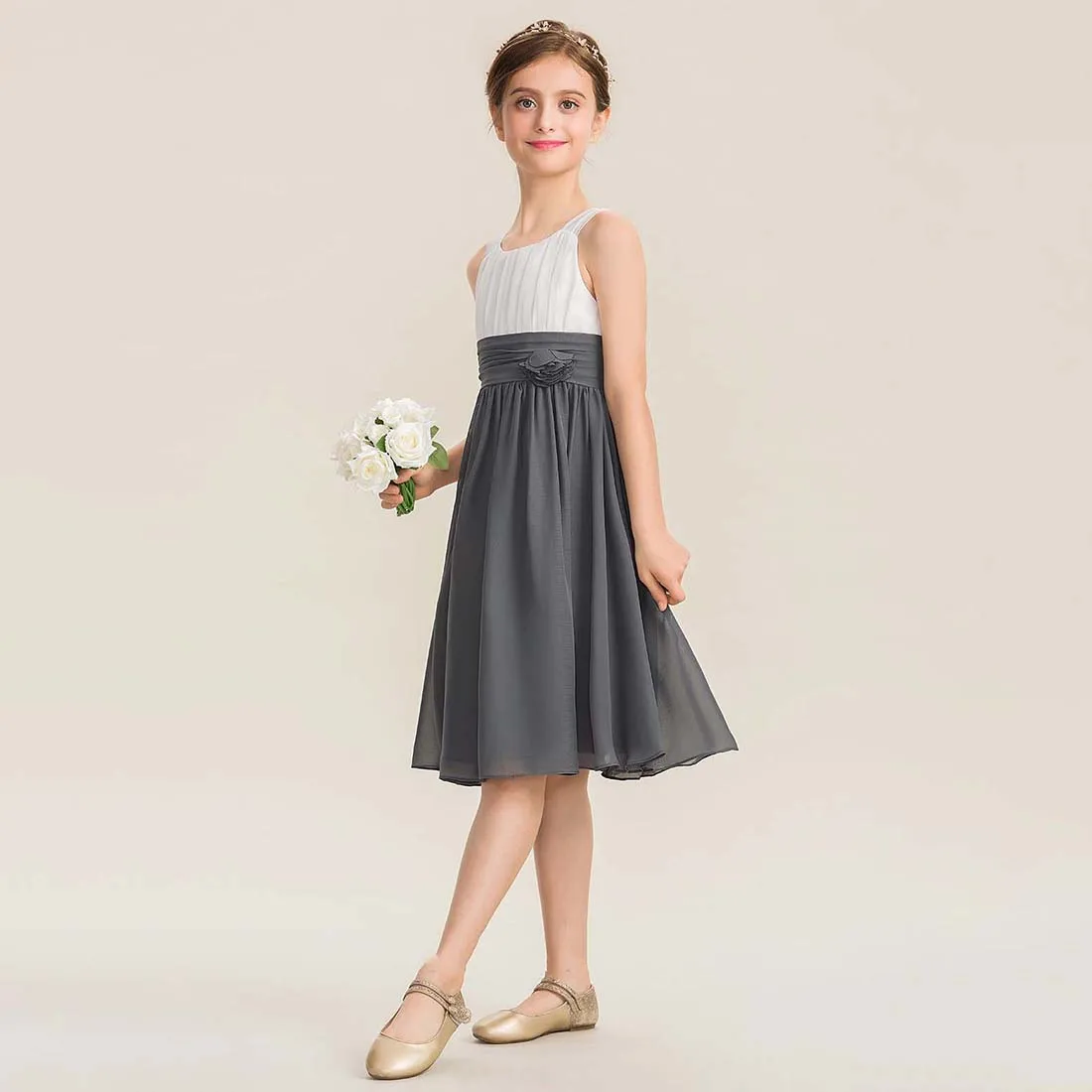 YZYmanualroom Chiffon Junior Bridesmaid Dress With Flower A-line Scoop Knee-Length 2-15T