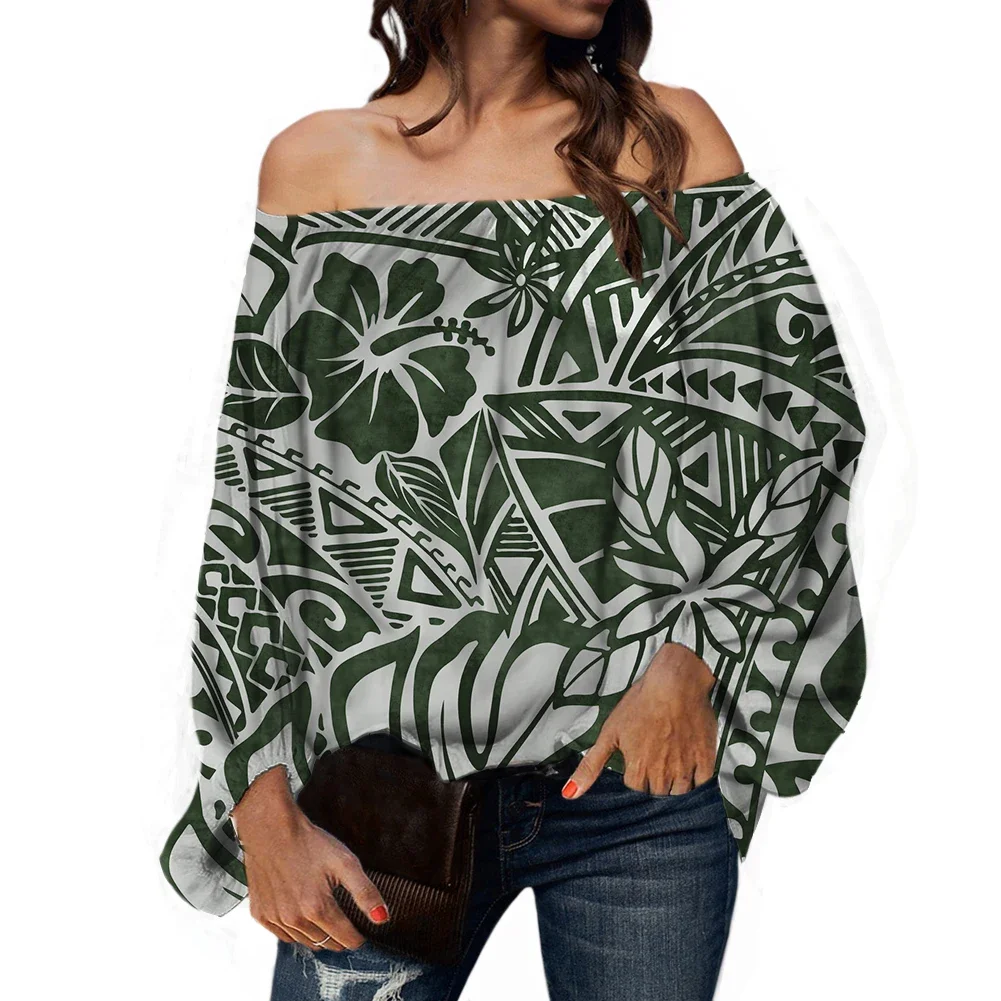 Elegant Chiffon Blouses for Women, Kanaka Maoli, Polynesian Tribal Hibiscus, Plumeria Print, Sexy Off Shoulder Shirt, Streetwear