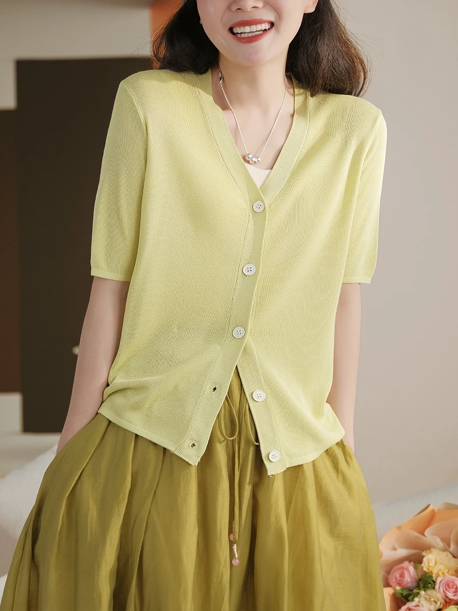 

Женский льняной вязаный топ с V-образным вырезом и коротким рукавом, однотонный, простой, летний, модный, повседневный, для работы и отдыха