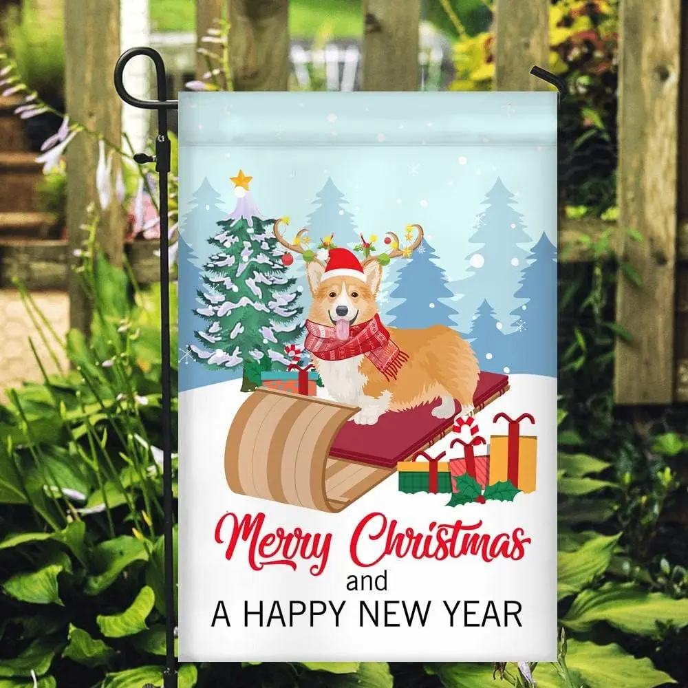 Dog Corgi Christmas Flag Merry and Happy New Year Welcome Gift for Lovers (12inch x 18inch) USA Garden Premium Decorative Yard O