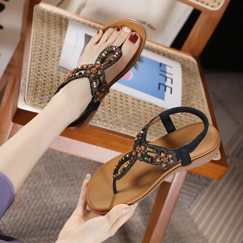 Women Bohemian Sandals Summer Open Toe Flip Flops Lightweight Flat Sandals Women Comfortable Beach Shoes Plus Size