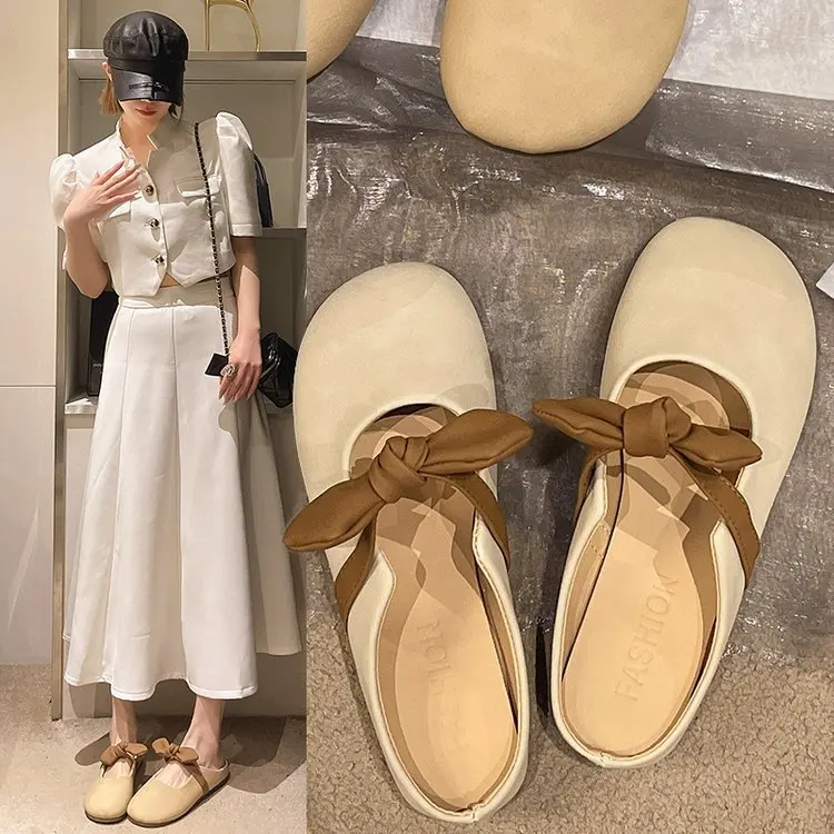 

2025 Spring and Summer Outerwear Fairy Style Flat Bottom Baotou Single Shoe Soft Bottom Bow Cool Drag