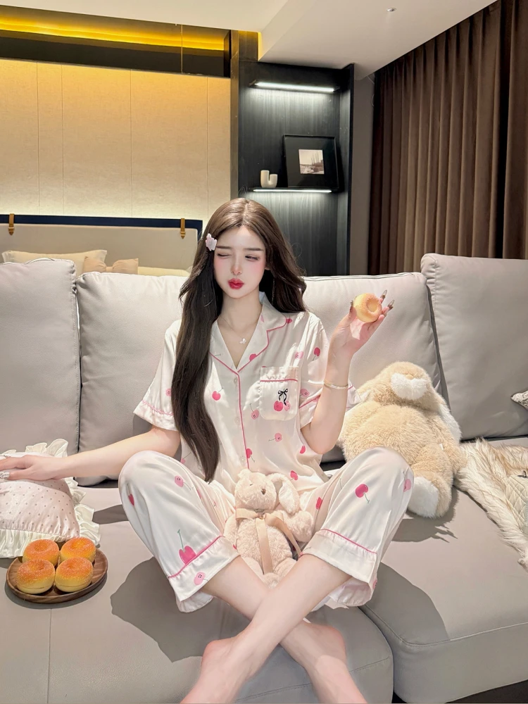 Japanese Sweet Ins Satin Ice Silk Short Sleeve Pajamas Spring Summer Cute Girl Homewear Set 2025 New Wearable Outside
