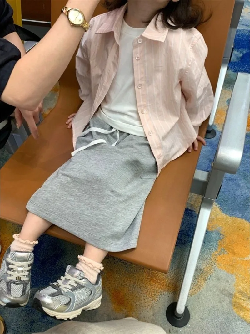 Girls Striped Shirt 2026 Summer New Korean Casual Sun Protection Jacket Kids Fashion Top Coat Baby Outerwear 6
