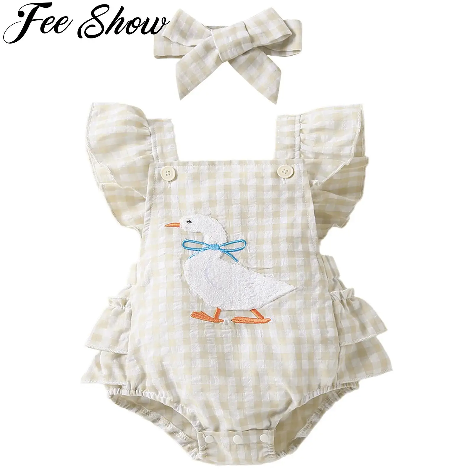 

Infant Baby Girls Clothes Cute Duck Embroidery Plaid Ruffles Rompers with Headband Baby Shower Family Days Photography Outfits